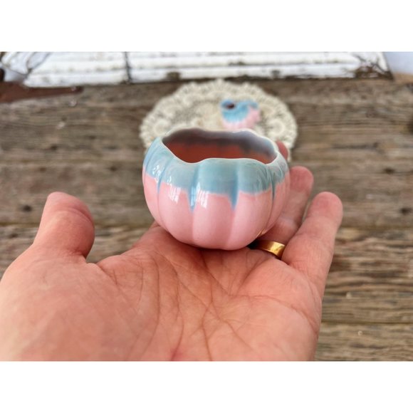 Vintage Small Melon Shaped Creamer Sugar Pink Blue - Picture 6 of 9